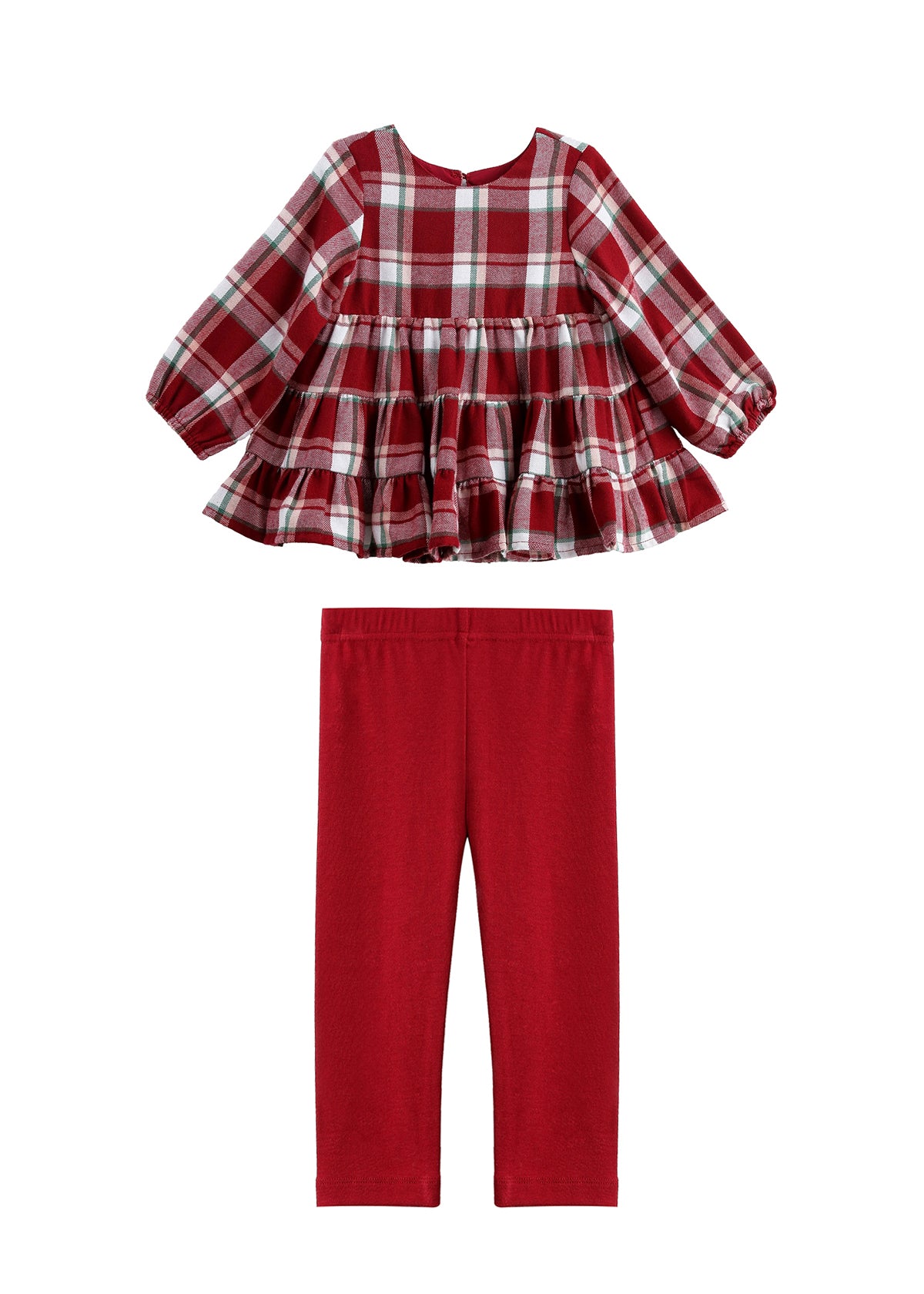 The Mabel + Honey Winterberry Two Piece Set features a long-sleeve plaid tiered ruffle top in red and white, paired with solid red leggings, displayed on a white background.