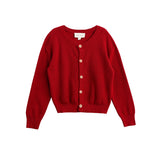 The Mabel + Honey Winterberry Sweater Long Sleeve Solid Ribbed Button Front Cardigan is a girls’ knit cardigan in red, designed with long sleeves, a round neckline, and brown buttons down the front. Classic ribbed detailing provides timeless style and comfort, as the sweater is laid flat on a white background.