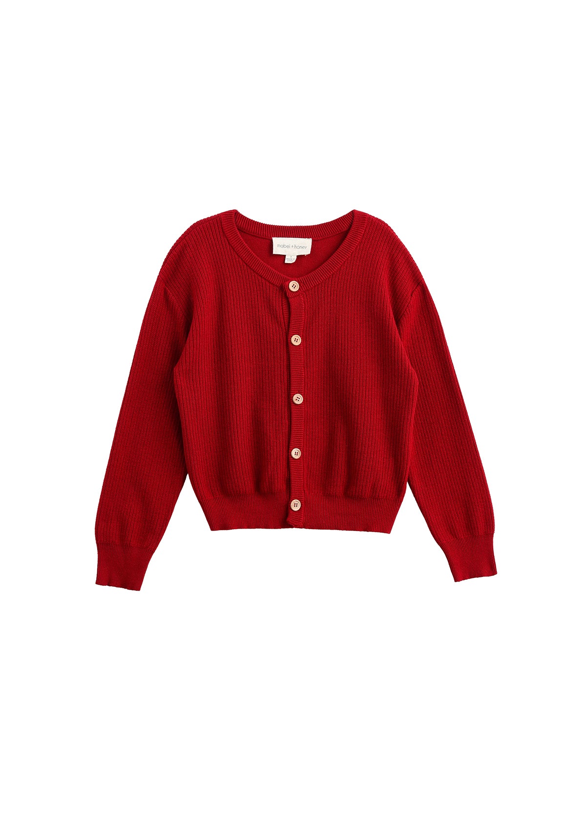 The Mabel + Honey Winterberry Sweater Long Sleeve Solid Ribbed Button Front Cardigan is a girls’ knit cardigan in red, designed with long sleeves, a round neckline, and brown buttons down the front. Classic ribbed detailing provides timeless style and comfort, as the sweater is laid flat on a white background.