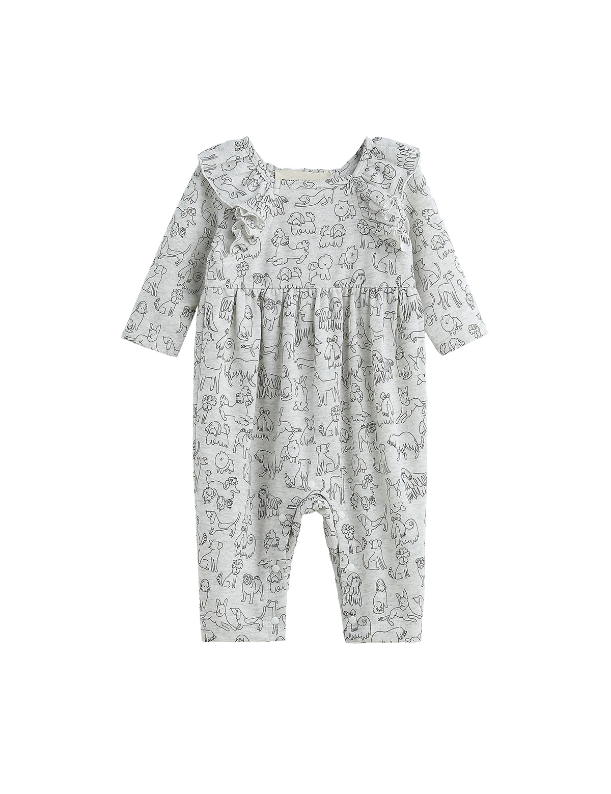 Dress your little one in the Doggie Doodles Romper Long Sleeve Print Ruffle Collar Straight Leg Romper by Mabel + Honey. This light gray romper for babies features charming ruffled shoulder details and a playful black dog print pattern with outlined puppies. Crafted from soft, comfortable fabric, this stylish outfit combines the elegance of a ruffled trim with a practical straight leg design—perfect for infants on the go.