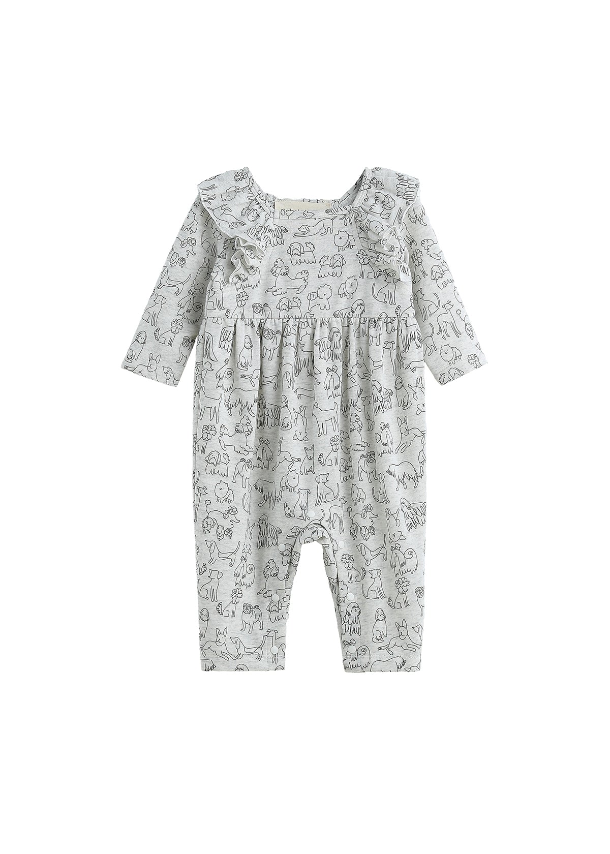 Dress your little one in the Doggie Doodles Romper Long Sleeve Print Ruffle Collar Straight Leg Romper by Mabel + Honey. This light gray romper for babies features charming ruffled shoulder details and a playful black dog print pattern with outlined puppies. Crafted from soft, comfortable fabric, this stylish outfit combines the elegance of a ruffled trim with a practical straight leg design—perfect for infants on the go.