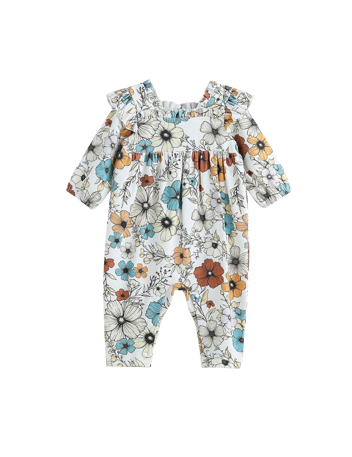 Dress your baby in the Autumn Blooms Romper by Mabel + Honey—a long-sleeve, straight leg romper featuring a ruffle neck and an all-over print of orange, blue, and beige florals on a white background—perfect for autumn or as a charming matching sibling outfit.