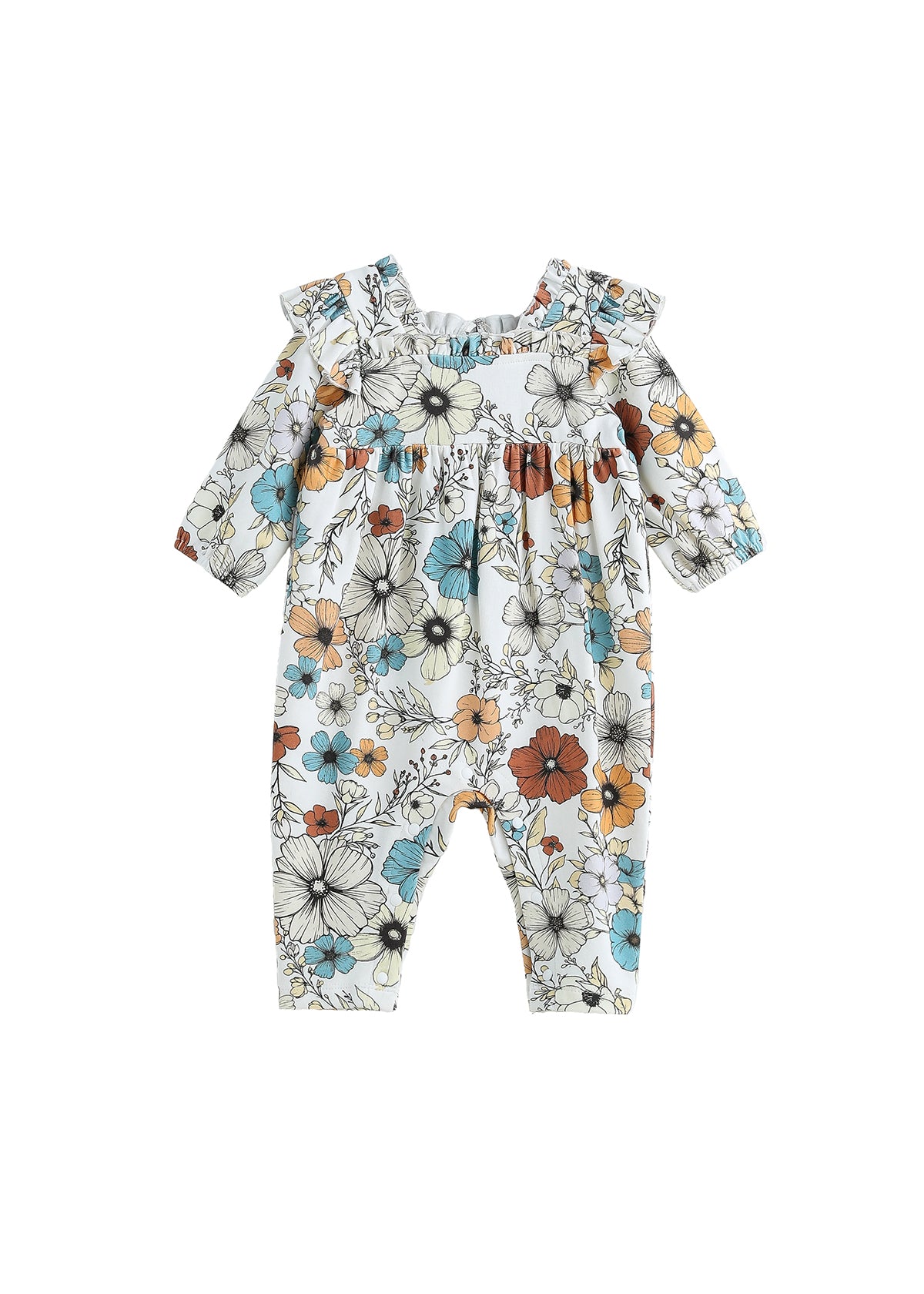 Dress your baby in the Autumn Blooms Romper by Mabel + Honey—a long-sleeve, straight leg romper featuring a ruffle neck and an all-over print of orange, blue, and beige florals on a white background—perfect for autumn or as a charming matching sibling outfit.