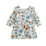 Introducing the Autumn Blooms Long Sleeve Floral Ruffle Trim Empire Waist Dress by Mabel and Honey. Featuring long sleeves, a ruffled neckline, and an empire waist, this charming knee-length dress showcases a lovely floral print in blue, orange, and beige on a white background. Perfect for special occasions or everyday wear.