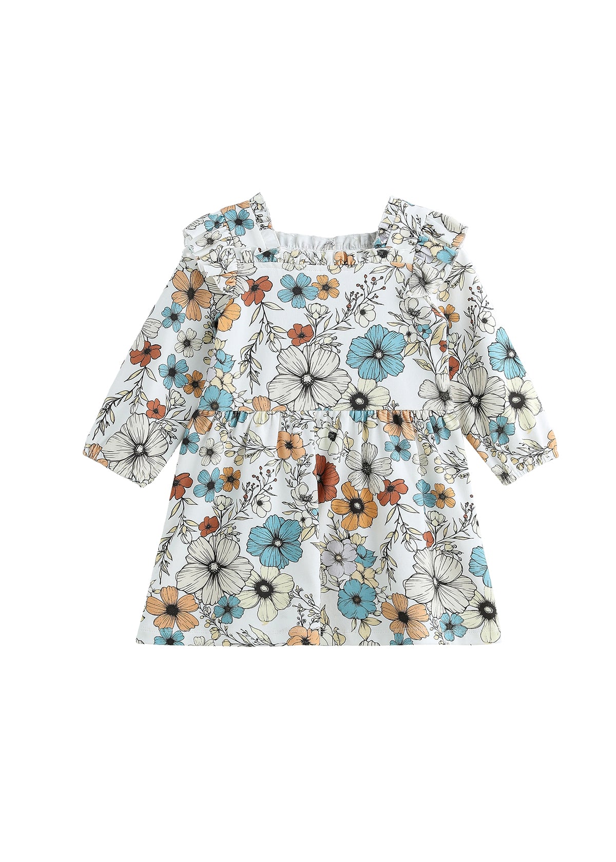 Introducing the Autumn Blooms Long Sleeve Floral Ruffle Trim Empire Waist Dress by Mabel and Honey. Featuring long sleeves, a ruffled neckline, and an empire waist, this charming knee-length dress showcases a lovely floral print in blue, orange, and beige on a white background. Perfect for special occasions or everyday wear.