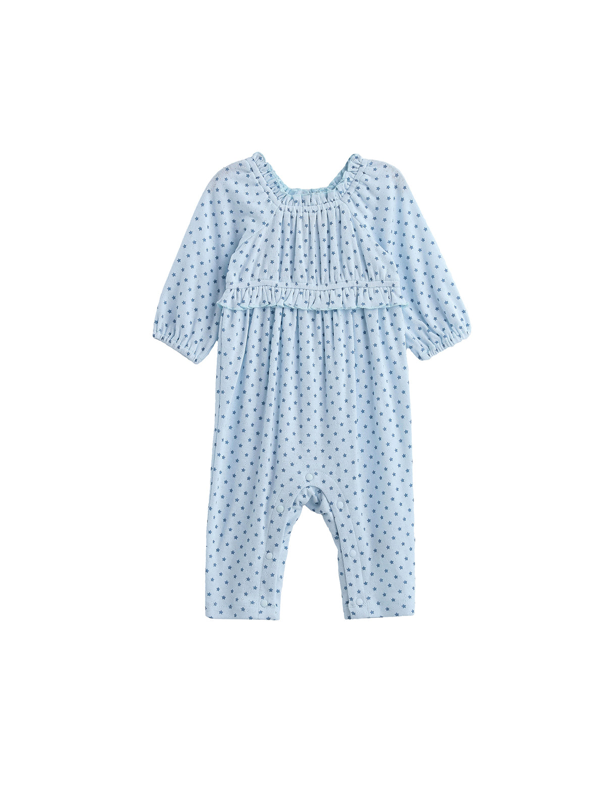 Dress your little one in the Luna Bella Romper Long Sleeve Star Print Ruffle Trim Romper by Mabel + Honey—a light blue romper featuring long sleeves, delicate dark blue star prints, ruffled chest detail, and elastic cuffs at the sleeves and ankles.