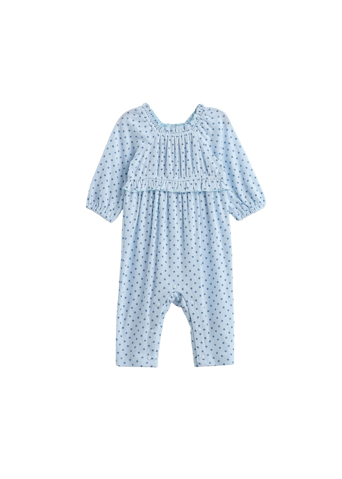 Dress your little one in the Luna Bella Romper Long Sleeve Star Print Ruffle Trim Romper by Mabel + Honey—a light blue romper featuring long sleeves, delicate dark blue star prints, ruffled chest detail, and elastic cuffs at the sleeves and ankles.