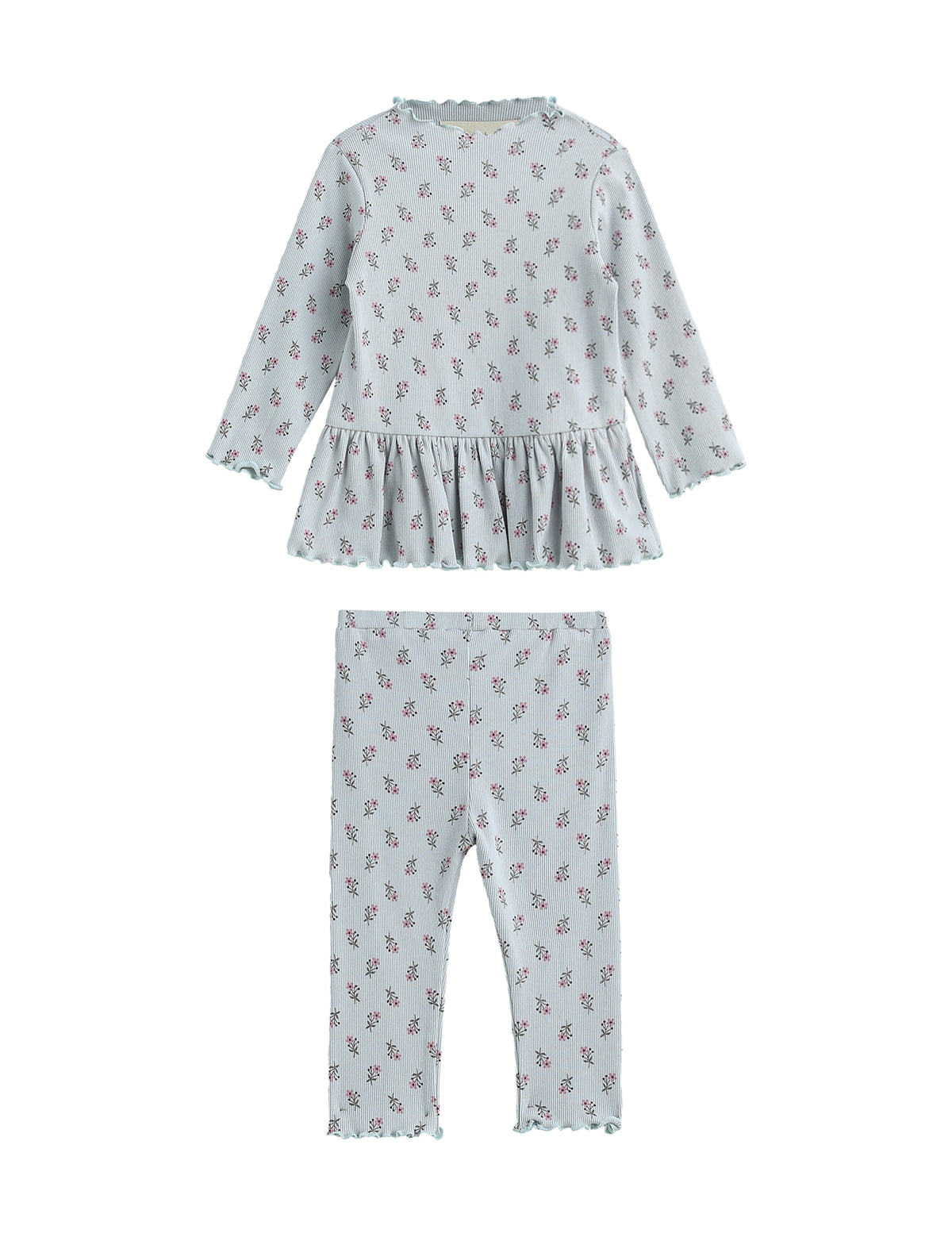 The Mabel + Honey Petite Petal Two Piece Set features a long-sleeved floral peplum top and matching ribbed knit leggings, both in light blue with a delicate red floral print and ruffled trim. This charming set is displayed on a white background.