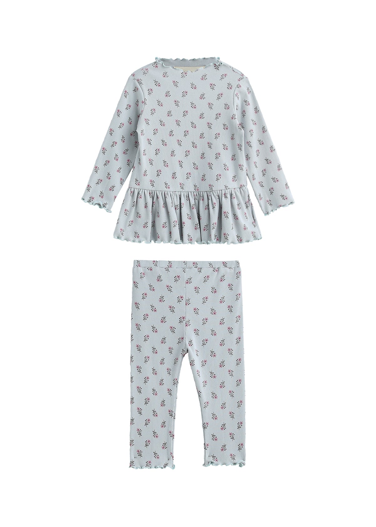 The Mabel + Honey Petite Petal Two Piece Set features a long-sleeved floral peplum top and matching ribbed knit leggings, both in light blue with a delicate red floral print and ruffled trim. This charming set is displayed on a white background.