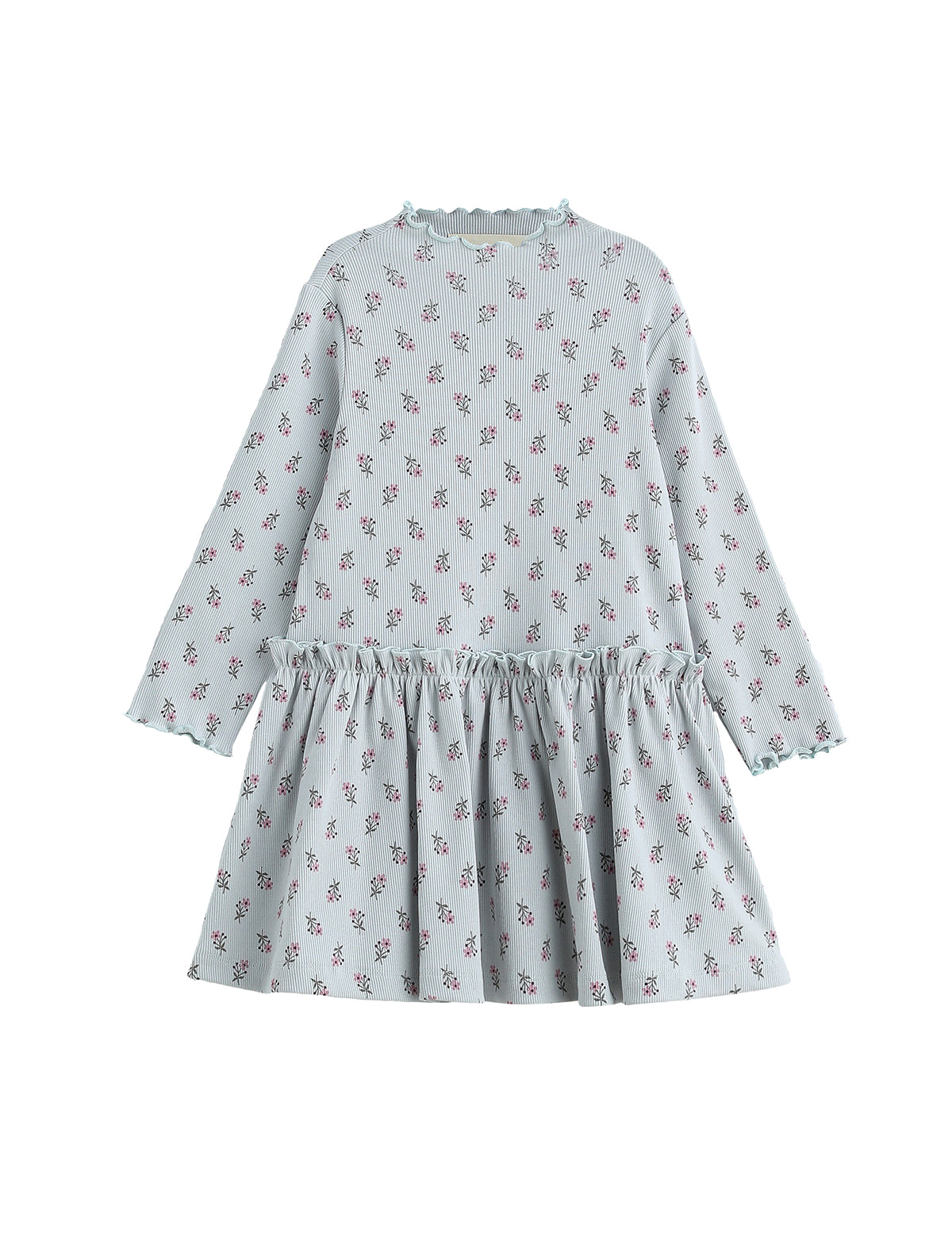 Mabel and Honey Petite Petal Long Sleeve Floral Ruffle Trim Dropwaist Dress in a light blue ribbed knit, featuring a ruffled mock neckline, long sleeves, and a drop-waist gathered skirt.