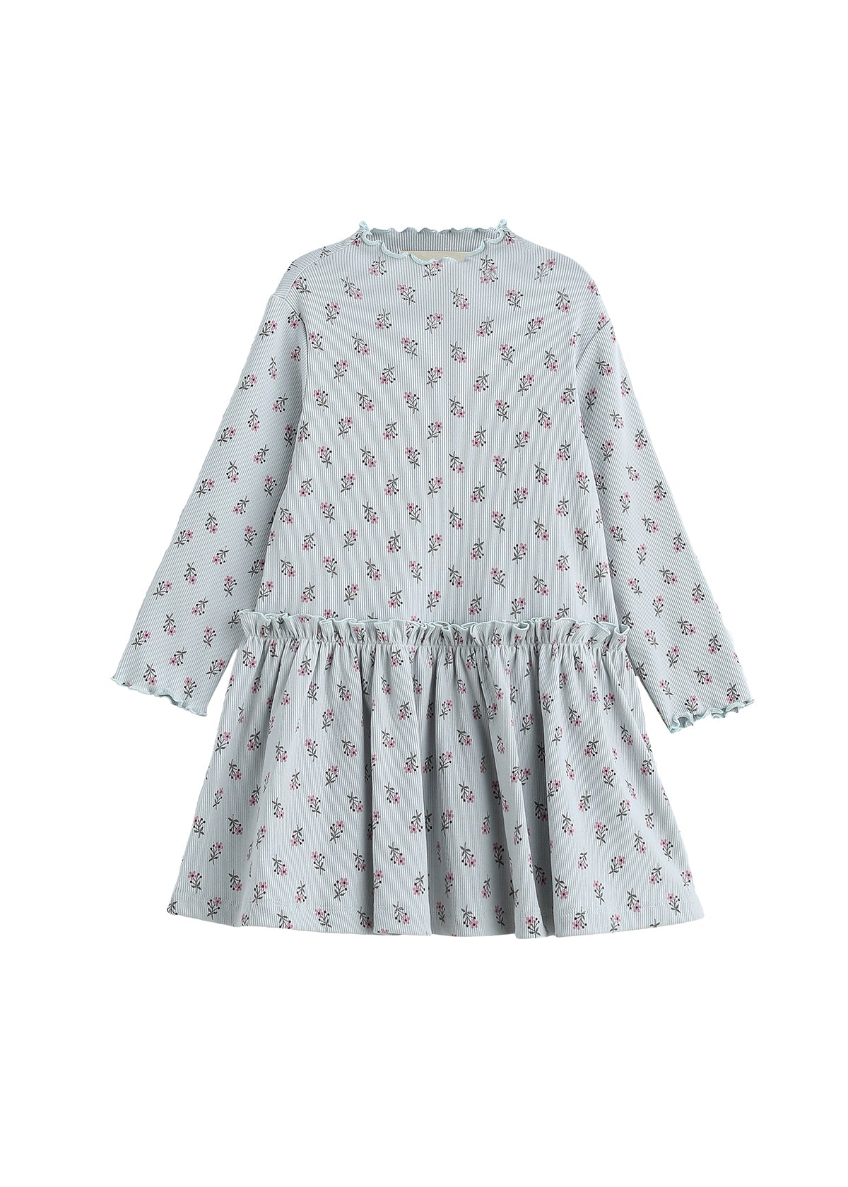 Mabel and Honey Petite Petal Long Sleeve Floral Ruffle Trim Dropwaist Dress in a light blue ribbed knit, featuring a ruffled mock neckline, long sleeves, and a drop-waist gathered skirt.