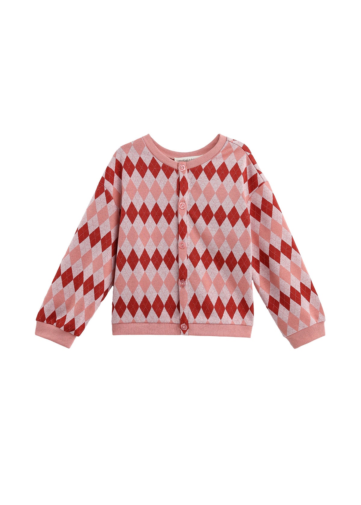 The Jessica Long Sleeve Argyle Print Button Front Sweater by Mabel and Honey features a pink and red argyle pattern with long sleeves and front buttons, displayed on a white background.