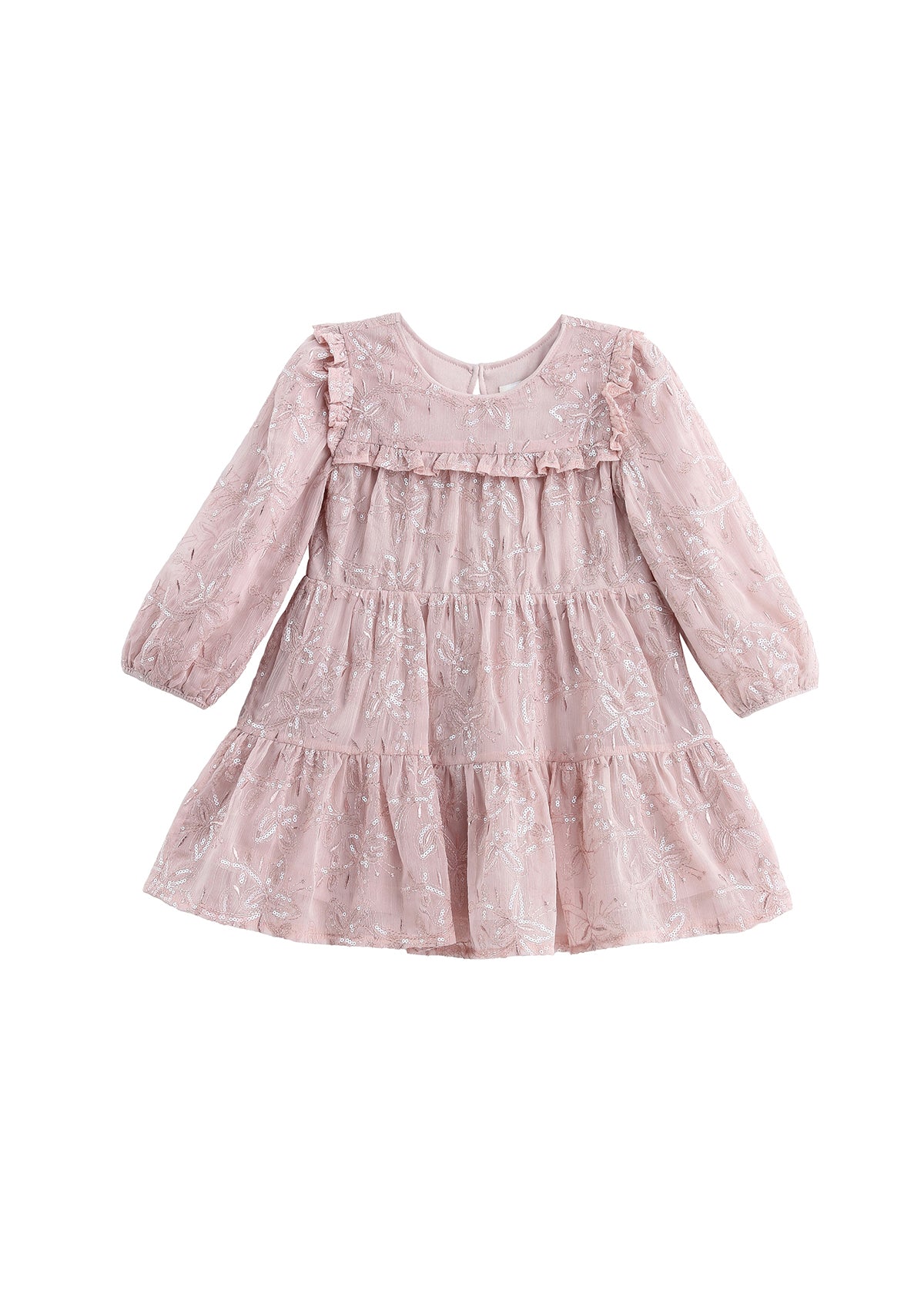 The Mabel + Honey Dusty Rose Dress Long Sleeve Floral Sequin Embroidered Tiered Dress features a light pink hue with ruffles, floral sequin embroidery, a tiered skirt, and a round neckline. This party dress has a delicate and feminine design, perfect for young children.