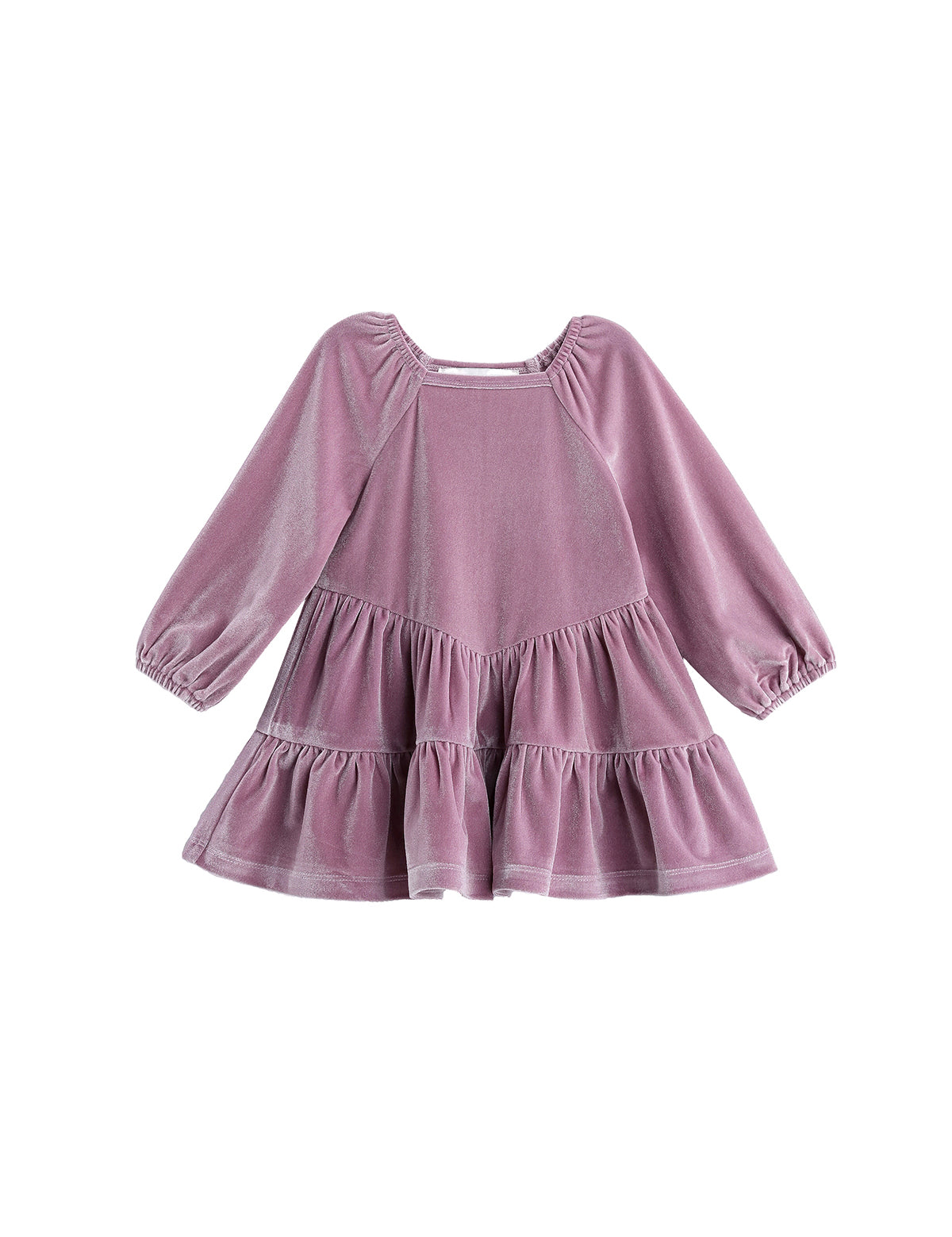 The Sugarplum Sparkle Dress by Mabel + Honey is a mauve, long-sleeve girls’ holiday dress crafted from soft velvet. It features an A-line silhouette, tiered ruffle skirt, and gently gathered sleeves for a festive look.