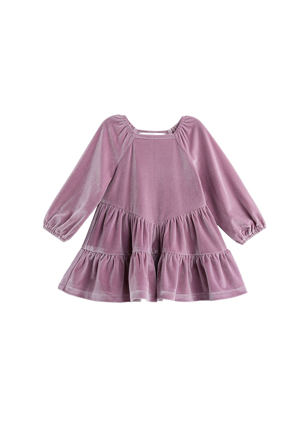 The Sugarplum Sparkle Dress by Mabel + Honey is a mauve, long-sleeve girls’ holiday dress crafted from soft velvet. It features an A-line silhouette, tiered ruffle skirt, and gently gathered sleeves for a festive look.