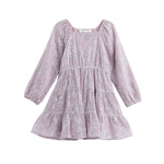 The Sugarplum Sparkle Dress by Mabel + Honey features long sleeves, dazzling floral embroidery with sequins, and a tiered ruffle skirt in enchanting lavender—making this girls dress a perfect choice for any special occasion.