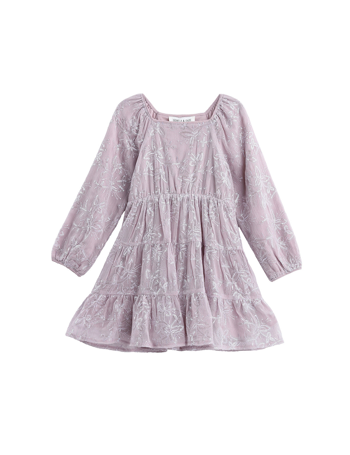 The Sugarplum Sparkle Dress by Mabel + Honey features long sleeves, dazzling floral embroidery with sequins, and a tiered ruffle skirt in enchanting lavender—making this girls dress a perfect choice for any special occasion.