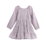 The Sugarplum Sparkle Dress by Mabel + Honey features long sleeves, dazzling floral embroidery with sequins, and a tiered ruffle skirt in enchanting lavender—making this girls dress a perfect choice for any special occasion.