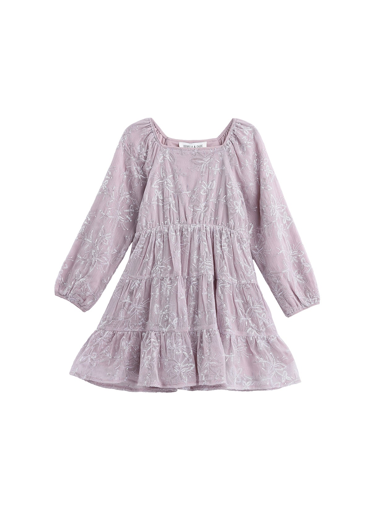 The Sugarplum Sparkle Dress by Mabel + Honey features long sleeves, dazzling floral embroidery with sequins, and a tiered ruffle skirt in enchanting lavender—making this girls dress a perfect choice for any special occasion.