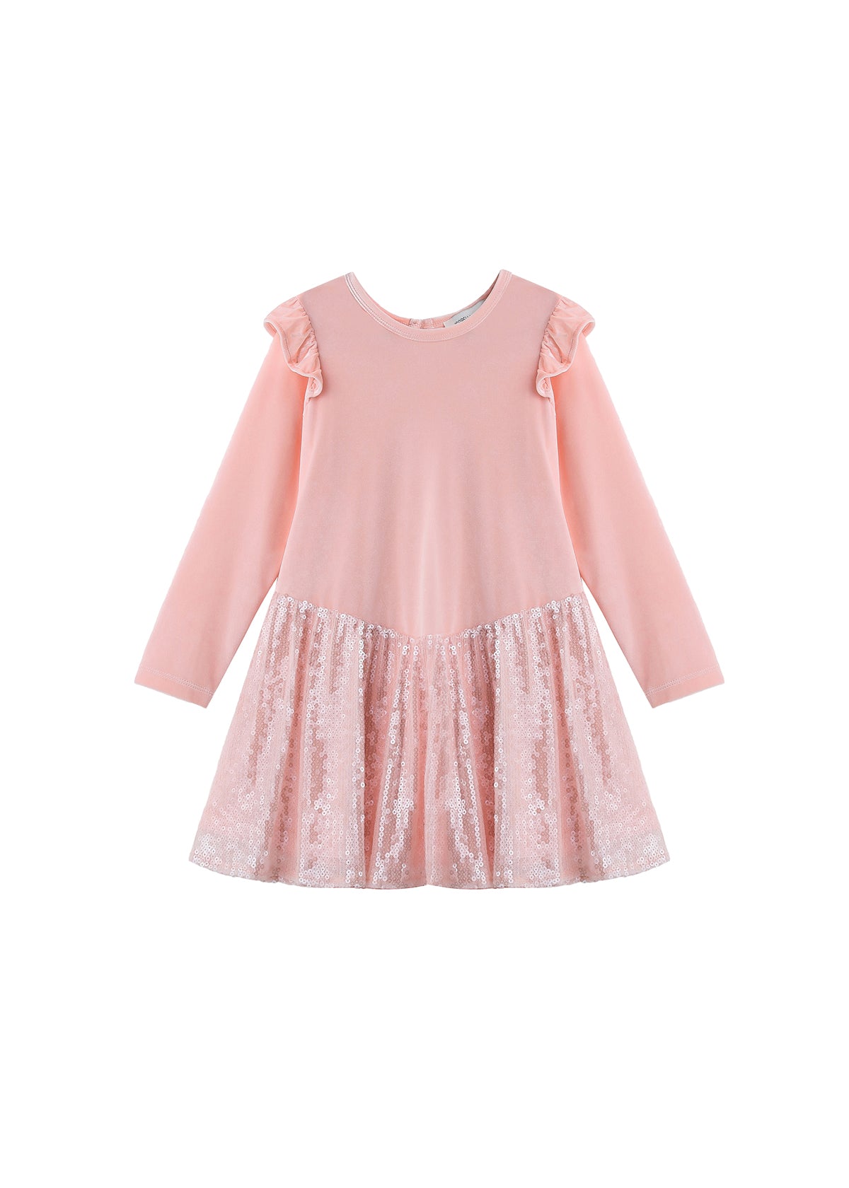 The Blushing Velvet Dress Long Sleeve Solid Sequin Skirt Party Dress by Mabel + Honey is a light pink girls’ party dress with ruffled shoulders and a shimmery sequined skirt. This charming piece features a sequin overlay, a round neckline, and is beautifully displayed against a white background.