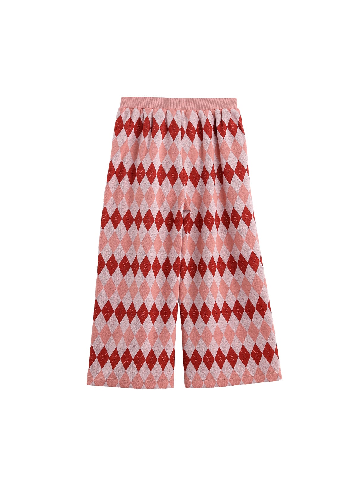 The Jessica Diamond Print Wide Leg Elastic Waist Pants by Mabel and Honey feature a pink and red diamond argyle pattern on soft knit fabric, with an elastic waistband and cropped length, displayed against a plain white background.