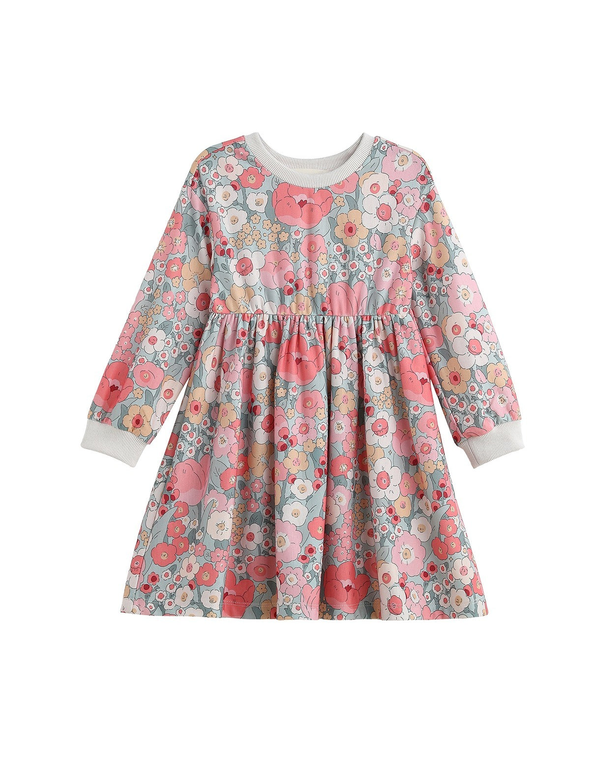 The Mabel + Honey Eliza Dress is a charming long sleeve girls’ dress featuring a beautiful blend of pink, white, and gray floral patterns. This knee-length dress is designed with a gathered skirt and finished with white ribbed cuffs and neckline for added comfort and style.