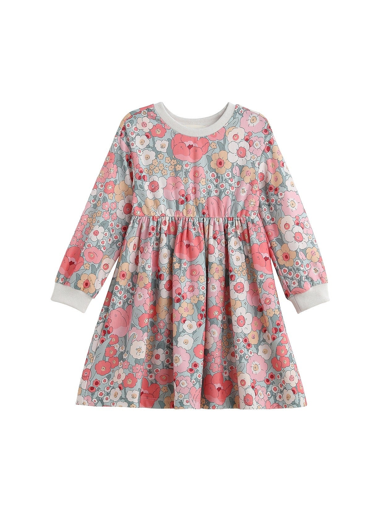 The Mabel + Honey Eliza Dress is a charming long sleeve girls’ dress featuring a beautiful blend of pink, white, and gray floral patterns. This knee-length dress is designed with a gathered skirt and finished with white ribbed cuffs and neckline for added comfort and style.