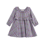 The Mabel + Honey Char Dress Long Sleeve Plaid A Line Ruffle Trim Dress is a lavender flannel dress for girls, featuring long sleeves, a ruffled chest detail, and a flared skirt—perfect for fall and shown on a white background.