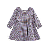 The Mabel + Honey Char Dress Long Sleeve Plaid A Line Ruffle Trim Dress is a lavender flannel dress for girls, featuring long sleeves, a ruffled chest detail, and a flared skirt—perfect for fall and shown on a white background.