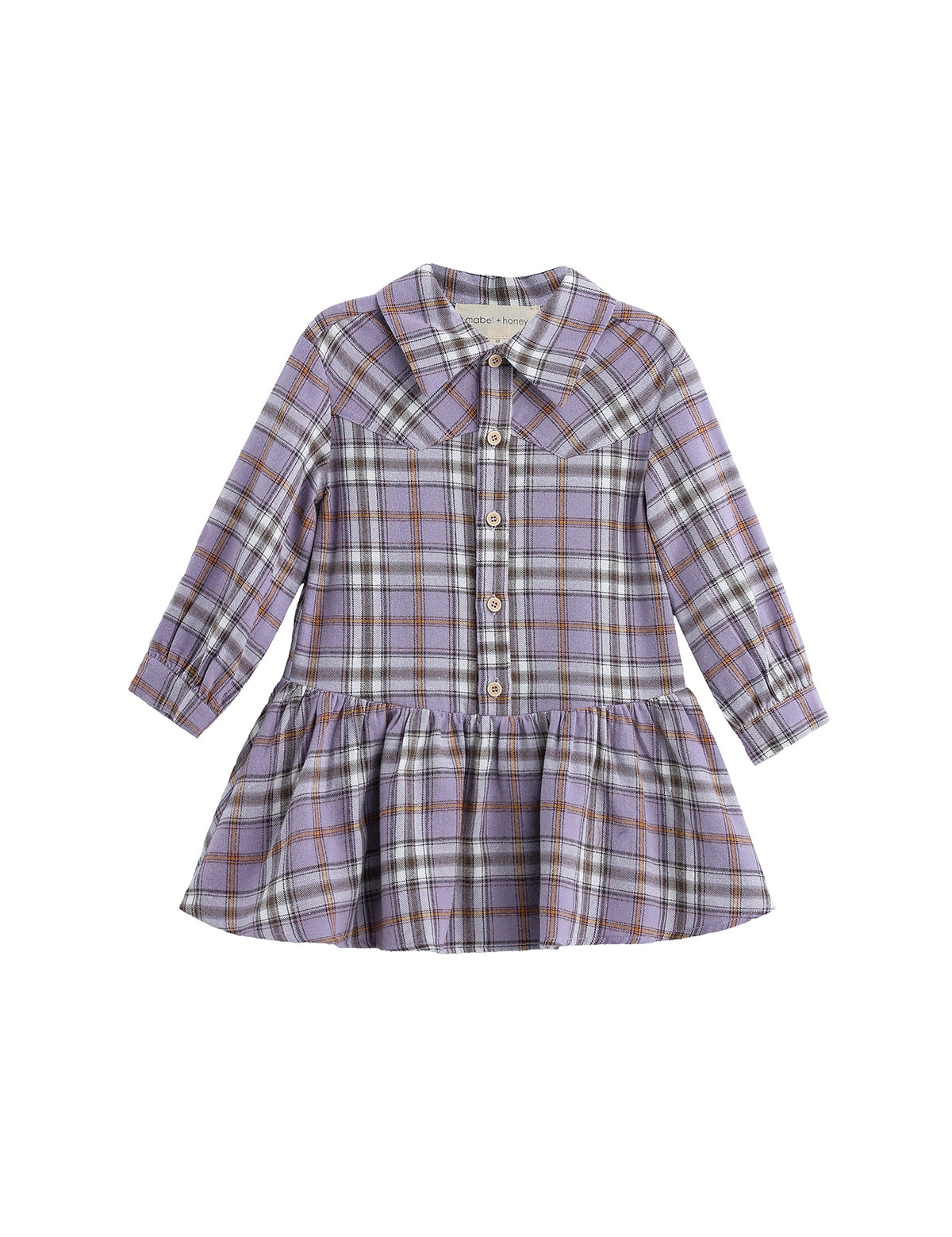 The Mabel and Honey Char Long Sleeve Plaid Collared Drop Waist Dress is a children’s dress made from soft brushed flannel. Featuring a classic plaid pattern in shades of purple, brown, and white, this lavender dress has long sleeves, a collared neckline, white buttons down the front, and a gathered drop waist skirt.