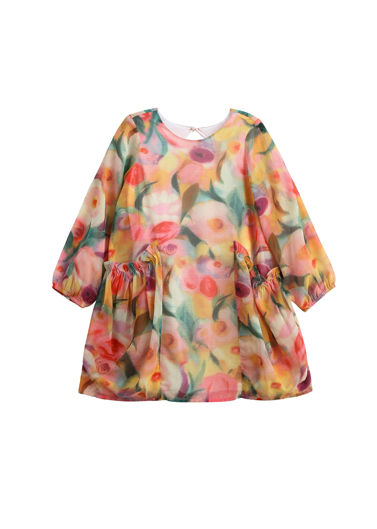 The Mabel and Honey Watercolor Whimsey Long Sleeve Floral Tiered Ruffle Waist Dress is a loose-fit children’s dress adorned with a vibrant watercolor floral pattern in shades of pink, yellow, orange, and green. It features gathered side pockets and a charming tiered skirt for added style.