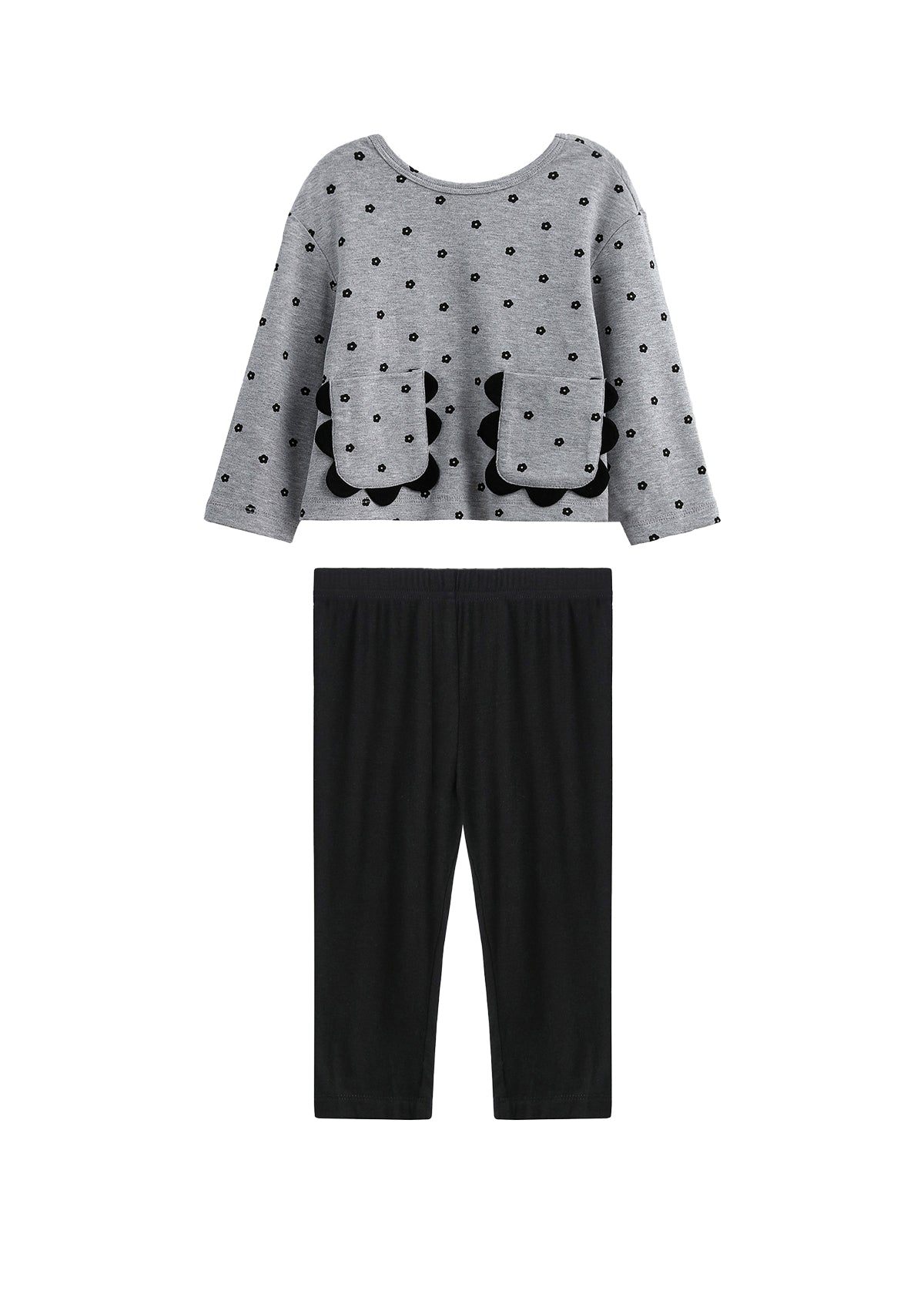 The Mabel + Honey Petal Pockets Two Piece Set features a long sleeve floral top with scalloped pockets and plain black pants, arranged flat on a white background.