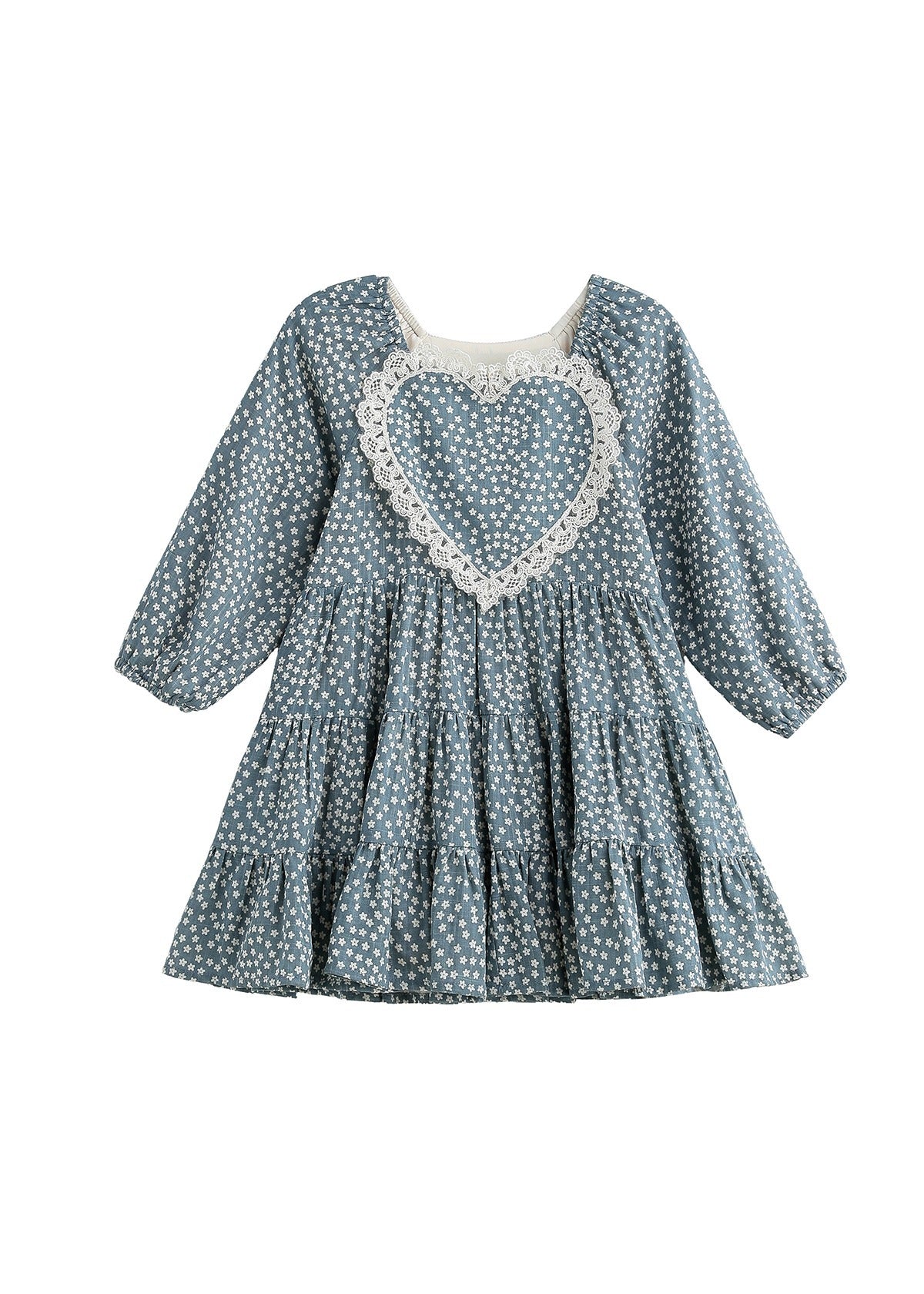 The Mabel + Honey Dolly Dress Long Sleeve Floral Tiered Heart Applique Dress is designed for kids, featuring a charming heart applique on the chest and a tiered skirt—perfect for sibling matching moments and coordinated family photos.