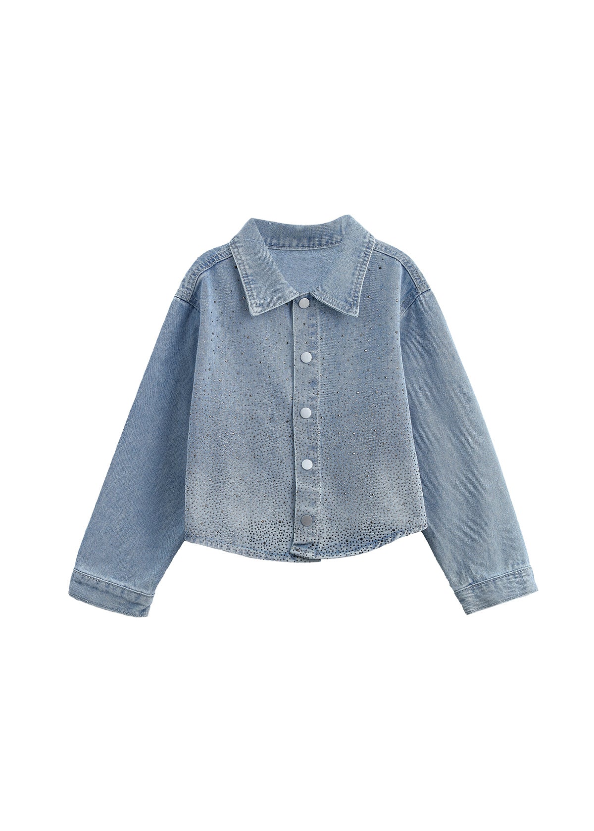 Mabel and Honey’s Long Sleeve Rhinestone Embellished Denim Cropped Jacket features a light blue wash, long sleeves, a pointed collar, front button closure, and rhinestone embellishments with a subtle faded pattern. The jacket offers a relaxed fit with plain cuffs.