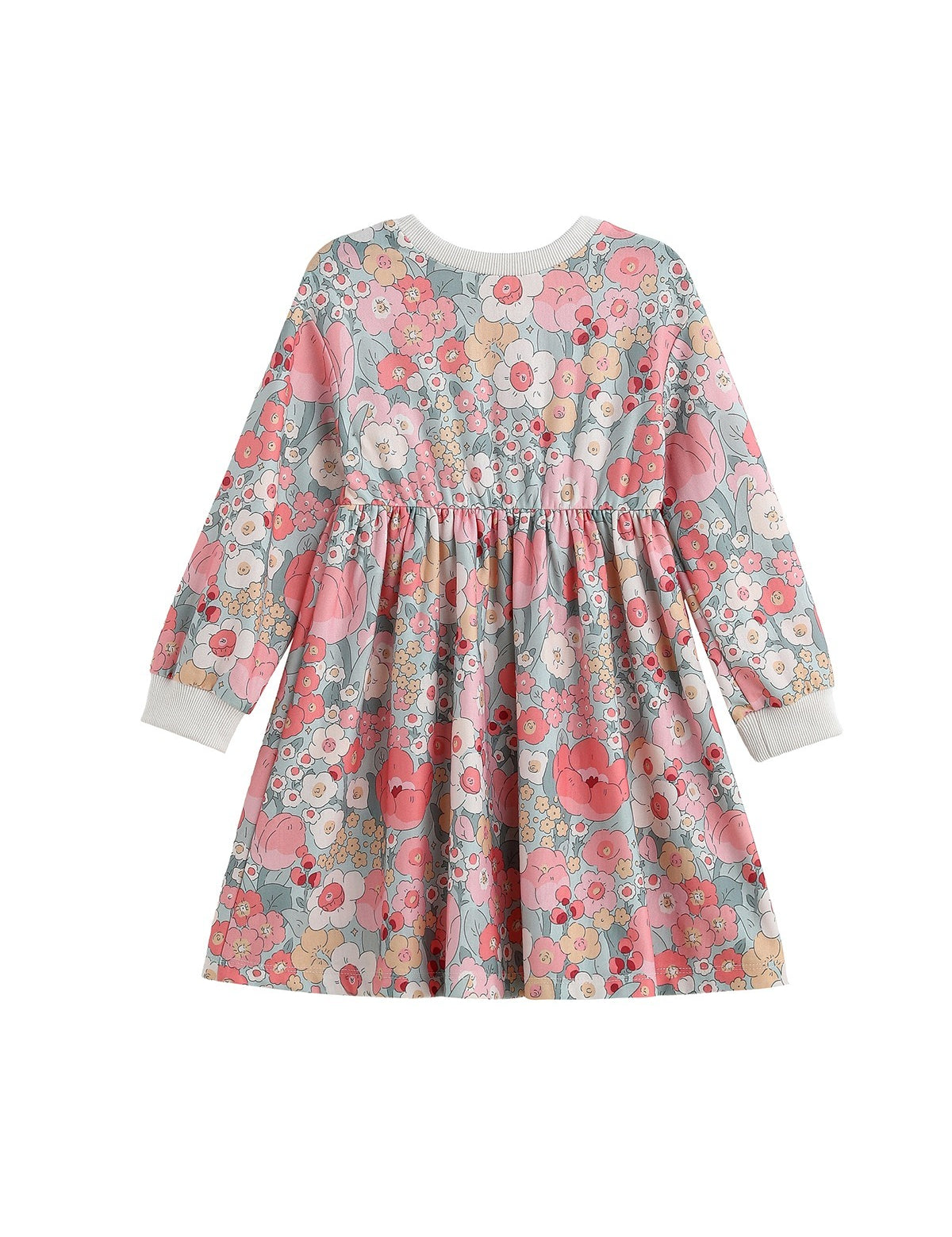 Eliza Long Sleeve Floral Ribbed Trim Empire Waist Dress