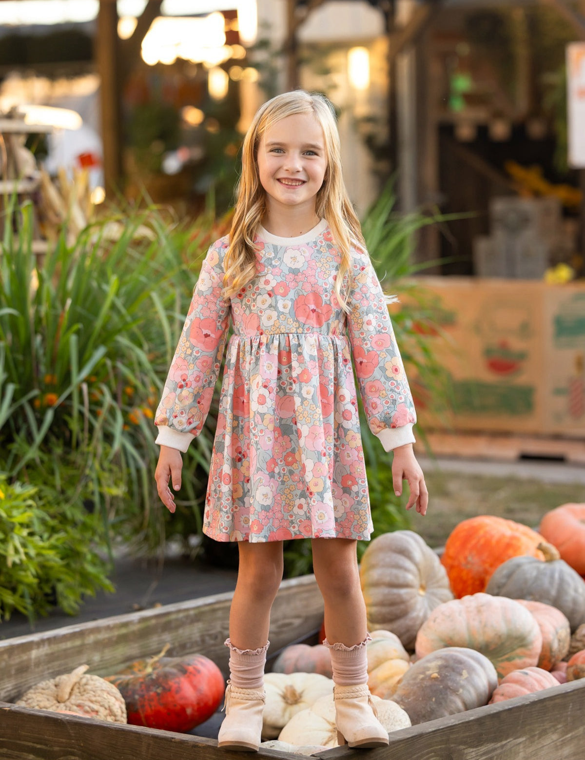 Eliza Long Sleeve Floral Ribbed Trim Empire Waist Dress