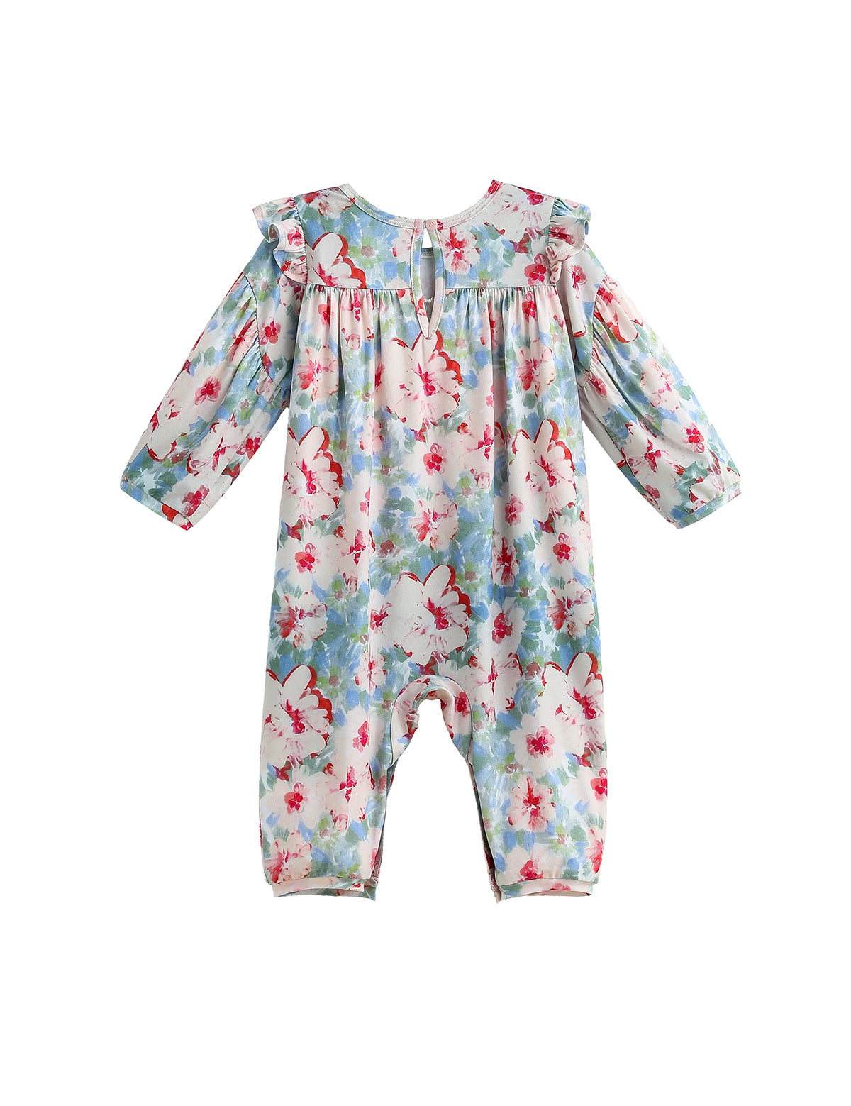 Floral Flutter Long Sleeve Ruffle Shoulder Bubble Romper