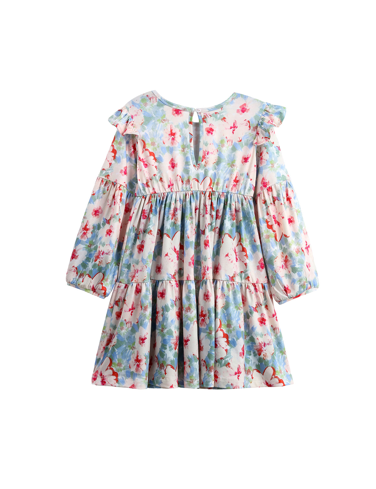 Floral Flutter Dress Long Sleeve Ruffle Shoulder Tiered Skirt Dress