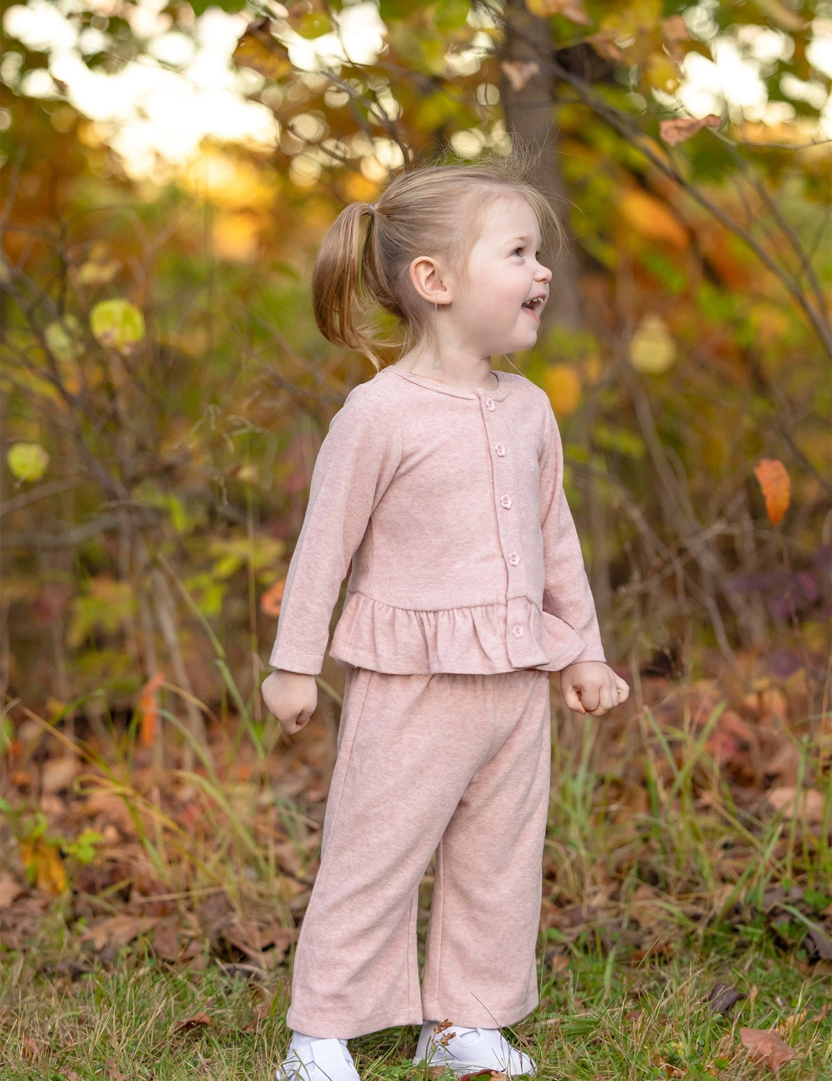 Margret Long Sleeve Solid Peplum Ruffle Hem Top and Pant Set