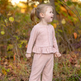 Margret Long Sleeve Solid Peplum Ruffle Hem Top and Pant Set