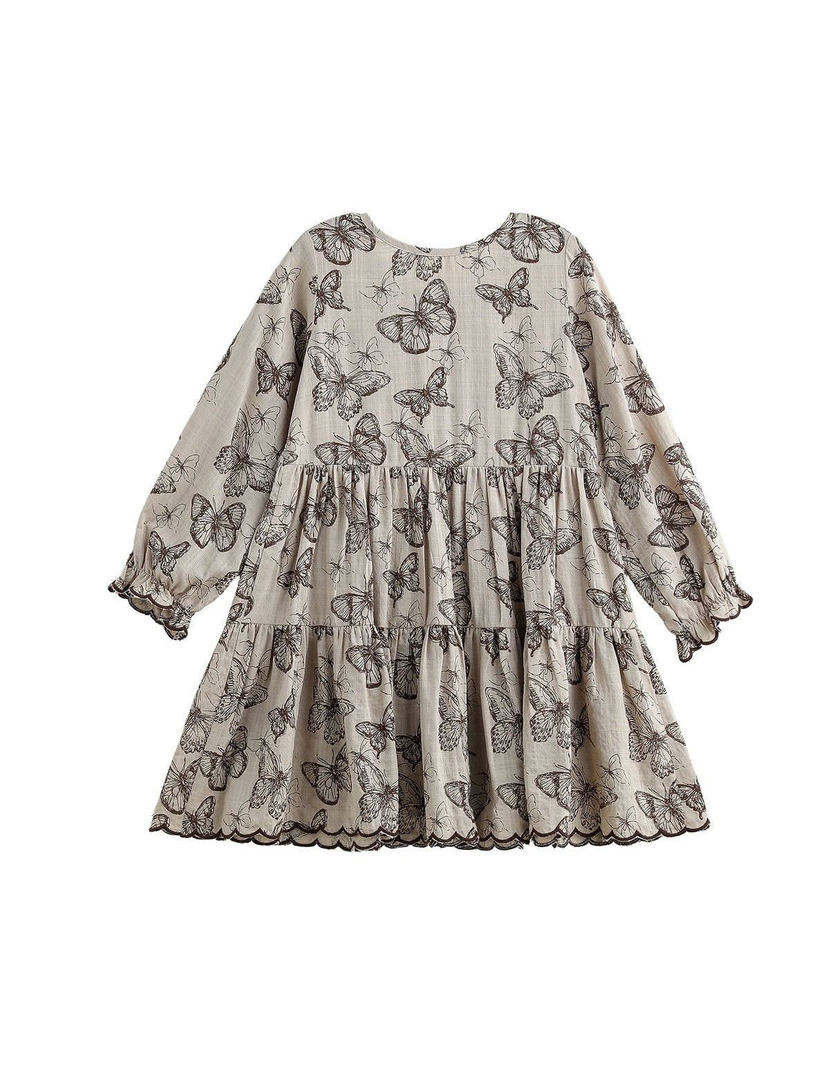 Miss Maple Long Sleeve Butterfly Print Scalloped Trim Tiered Dress