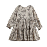 Miss Maple Long Sleeve Butterfly Print Scalloped Trim Tiered Dress