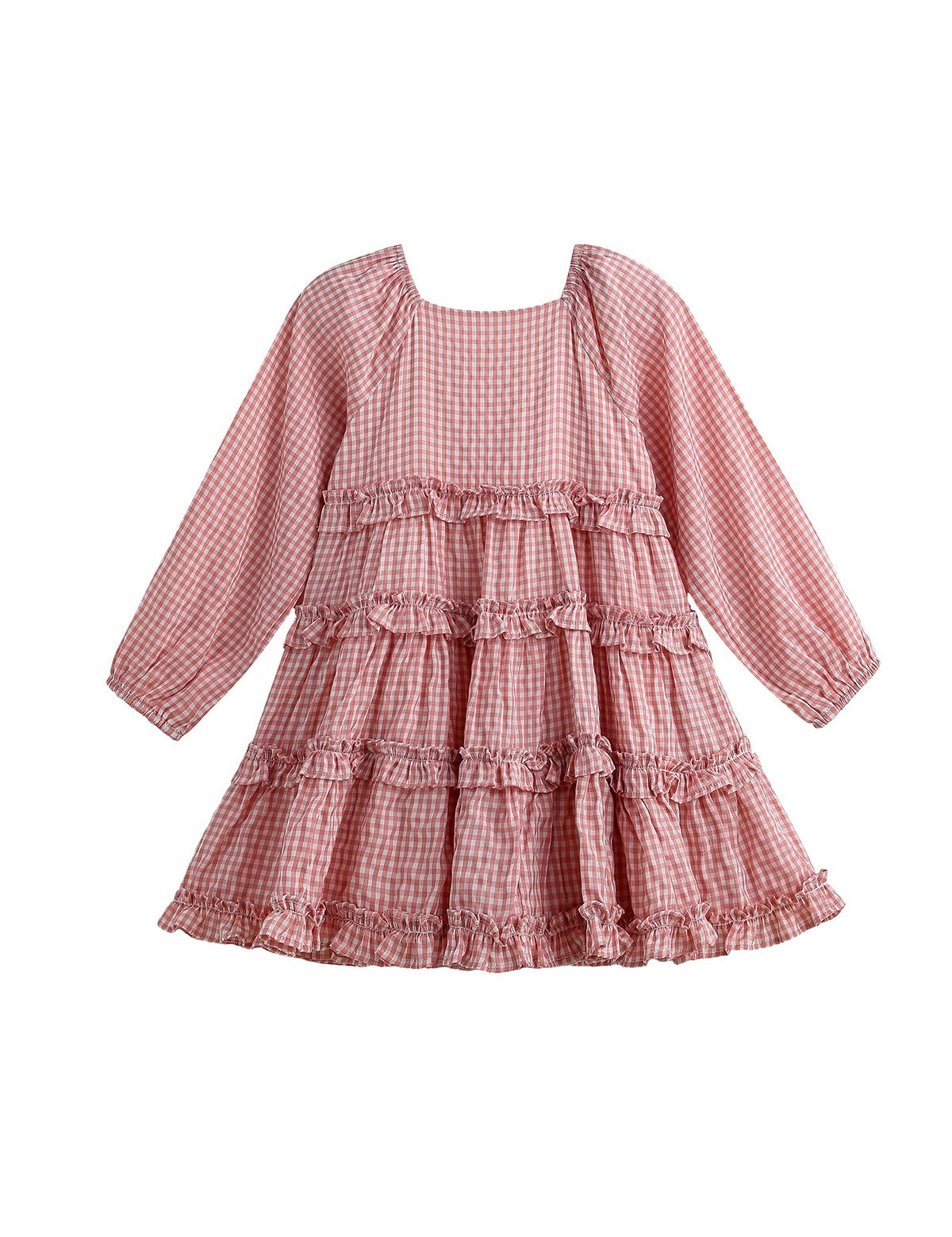 The Rosie Posie Long Sleeve Gingham Tiered Ruffle Dress by Mabel and Honey features a pink and white checkered pattern, long sleeves, a square neckline, and multiple ruffled tiers with playful ruffle trim. Shown against a white background, this lightweight cotton dress combines comfort with timeless charm.