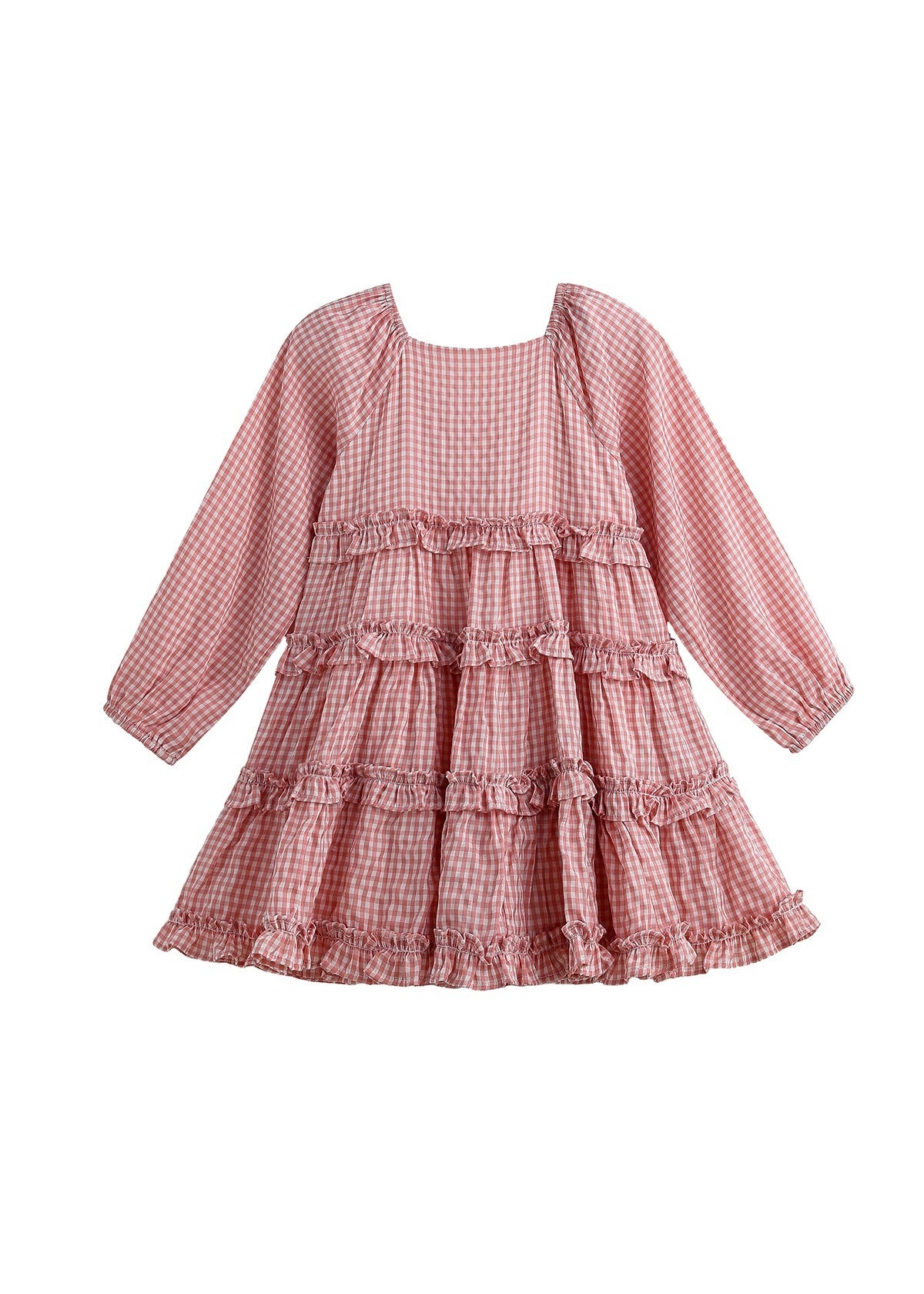 The Rosie Posie Long Sleeve Gingham Tiered Ruffle Dress by Mabel and Honey features a pink and white checkered pattern, long sleeves, a square neckline, and multiple ruffled tiers with playful ruffle trim. Shown against a white background, this lightweight cotton dress combines comfort with timeless charm.