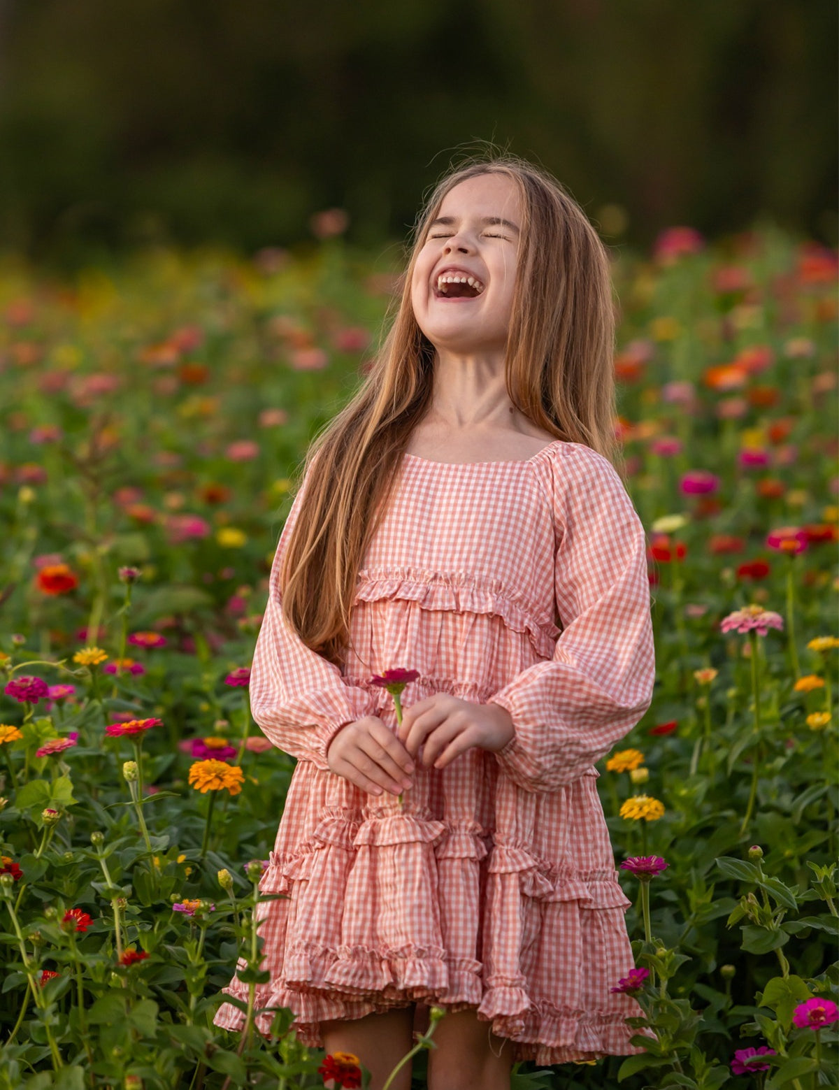 Rosie Posie Long Sleeve Gingham Tiered Ruffle Dress