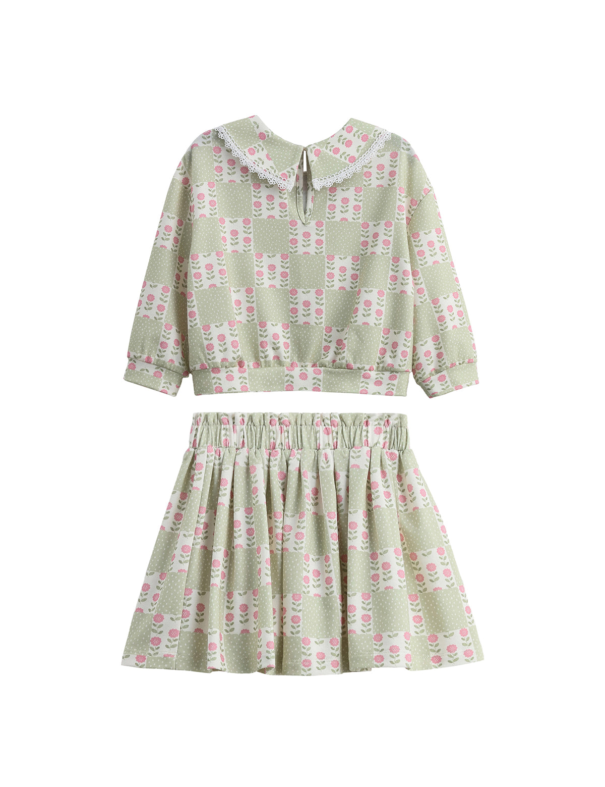 Olive Long Sleeve Floral Peter Pan Collar Top and Skirt Set