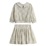 Olive Long Sleeve Floral Peter Pan Collar Top and Skirt Set