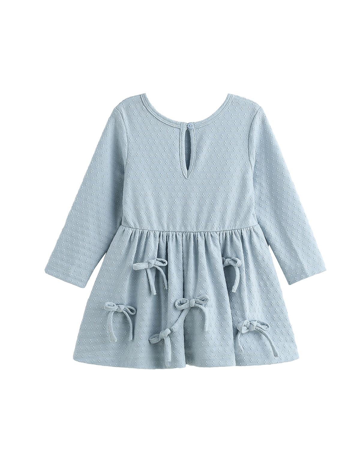 Eva Long Sleeve Textured Dot Bow Trim Fit and Flare Dress