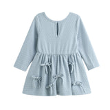 Eva Long Sleeve Textured Dot Bow Trim Fit and Flare Dress