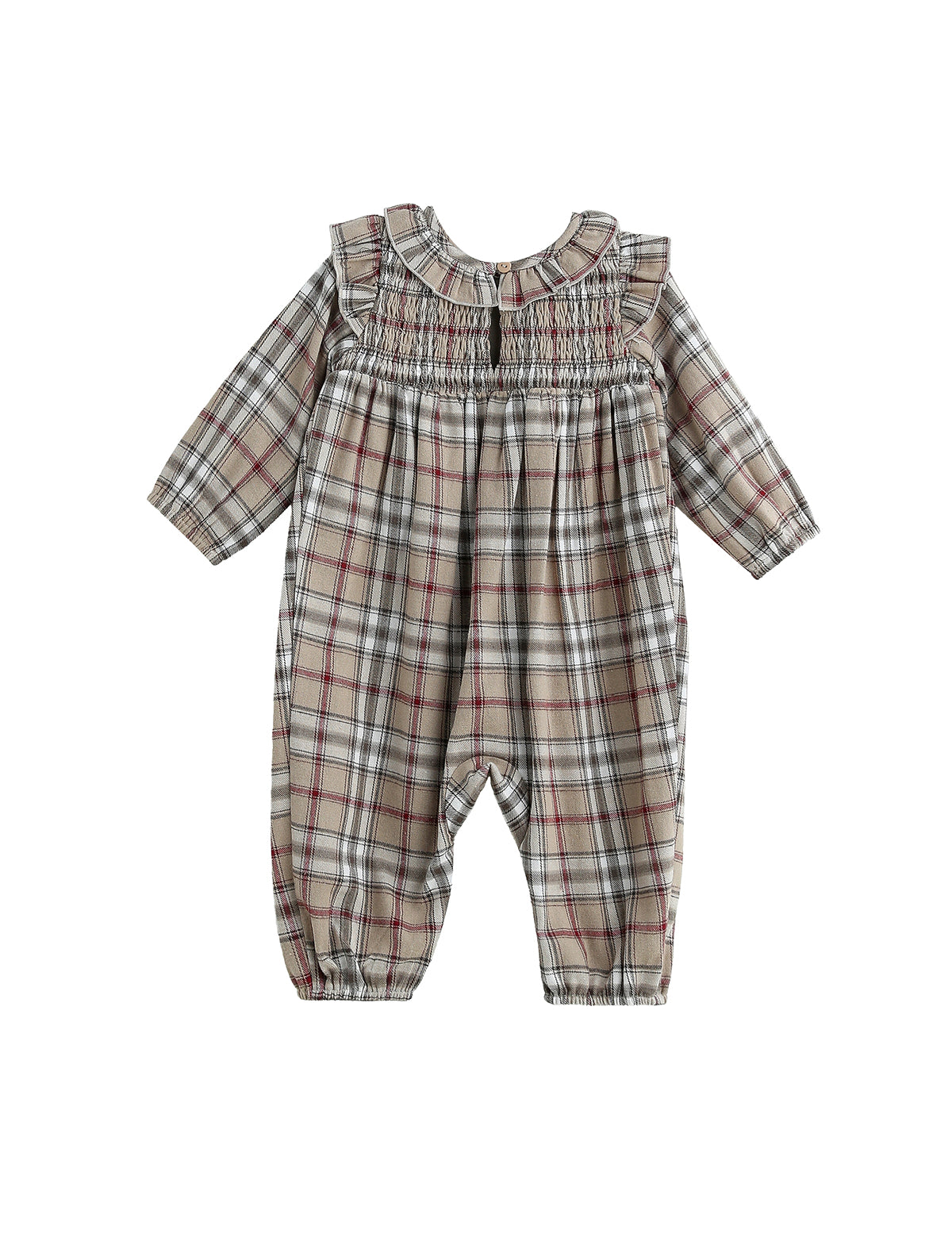 Chestnut Long Sleeve Plaid Ruffle Collar Smocked Bubble Romper